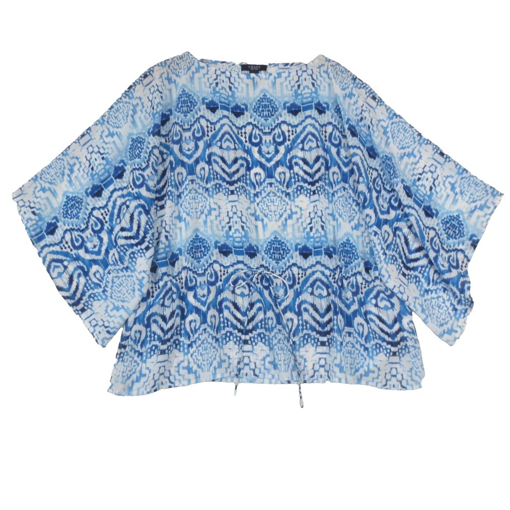Chaps Blouse Womens Med Blue White Kimono Sleeve Tie Waist Sheer Lightweight Top - Picture 1 of 8
